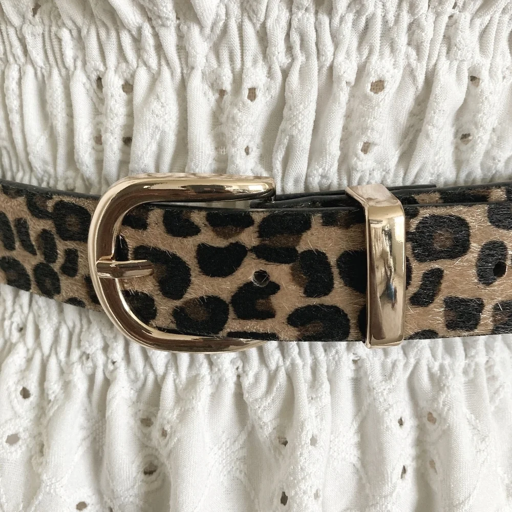 Leopard Faux Calf Hair Belt Gold Buckle Animal Print XL/ 1X Casual